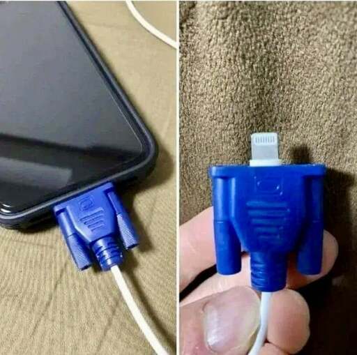 A picture showing an iPhone and a lightning cable that is masquerading as a VGA cable 