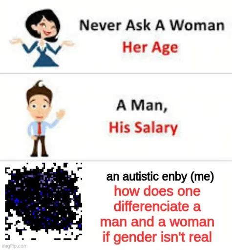 <clipart of a 'woman'> never ask a woman. her age <clipart of a 'man'> a man, his salary <pixel art of void> an autistic enby (me). how does one differenciate a man and a woman if gender isn't real