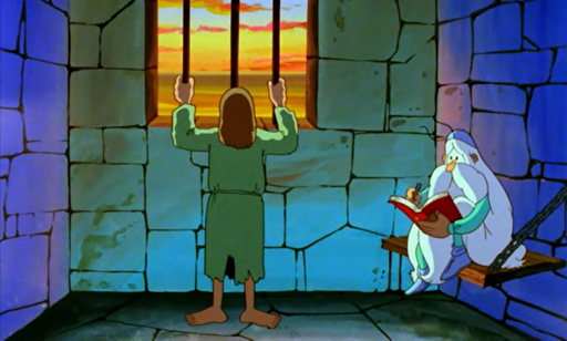Screencap from "Once Upon a Time... Man": Maestro, representing Rusticiano, in a Genoese prison cell with Marco Polo