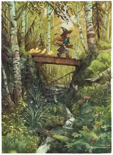 A very colourful illustration of a little girl with long red hair and a witchy outfit escorting a group of ducklings over a bridge in a beautiful forest.