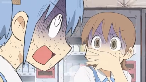 Screencap from Nichijou episode 16: Mio has a strange, distraught expression, including sweating and rolling her eyes up; Yukko looks on with a shocked expression, coverng her mouth with her hand