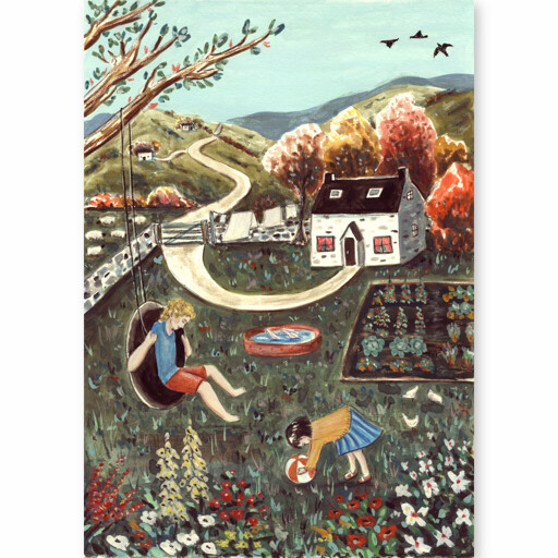 Two kids are playing outside their rural homestead