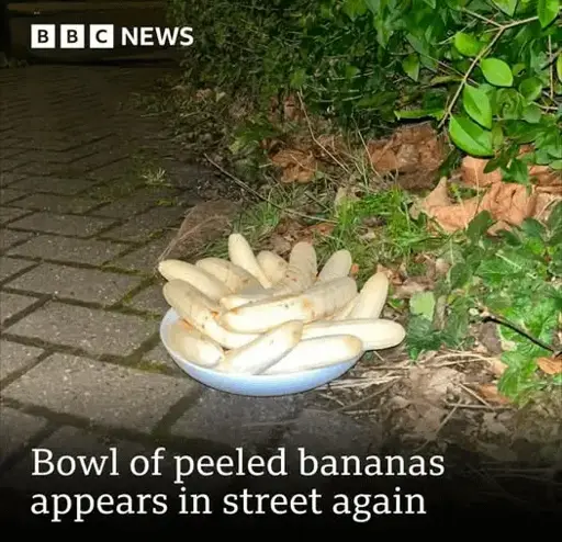 BBC image post showing a bowl of peeled bananas out on the pavement with the text: "Bowl of peeled bananas appears in the street again." 