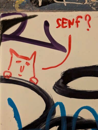 Small doodle of a cat looking out behind a tag and asking "SENF?". Drawn with a red pen on light grey wall and surrounded by mostly black tags