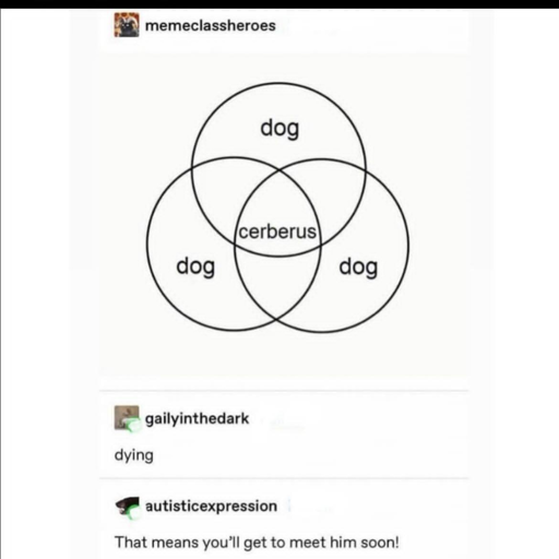A tumblr post by memeclassheroes. It depicts a Venn diagram where three circles say "dog" and the intersection of all three circles says "cerberus". Another user, gailyinthedark, reblogs with the word "dying." Finally, the user autisticexpression reblogs with "That means you'll get to meet him soon!"