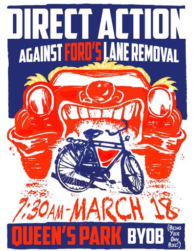 A flier for the event. A small bicycle blocks a large menacing automobile. BYOB (Bike) 7:30 March 18th Queen’s Park in Toronto.