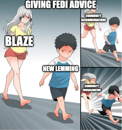 "Giving fedi advice " Woman " Blaze" Chasing kid "New Lemming" faster running "Community recommendations" Fastest running "Community Consolidation"