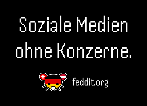 Ein Text "Soziale Medien ohne Konzerne", darunter das feddit-punkt-org-logo und der schriftzug feddit-punkt-org. Auf schwarzen Hintergrund.