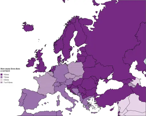 A map of Europe showing how many lives a cat has depending on the country