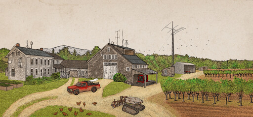 The image shows an old New England farm with a handfull of modifications. The farmhouse and barn are covered in antennas, solar panels, and homemade savonius turbines, a swarm of UAVs are flying out of a dormer on the barn roof, while a robotic tractor trundles down the driveway and a woodgas truck is parked, running, out front. There are chickens in the yard and an old ski groomer for packing down snow on the seasonal roads parked in a lean-to on the side of the barn.