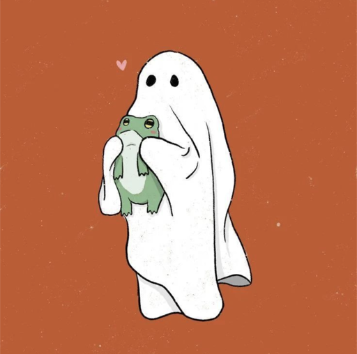 Illustrated ghost holding a toy frog on an orange background