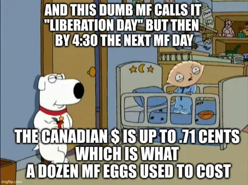 Steven Miller is standing in his safety chair, howling "And this dumb mf calls it 'Liberation Day' but then by 4:30 the next mf day, the Canadian dollar is up to .71 cents which is what a dozen mf eggs used to cost"  Nearby, a journalist eats an apple he stole. 