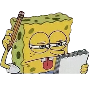 SpongeBob thinking, squinting tongue out at a notebook he is holding in front of him. In his other hand he is scratching his head with a pencil